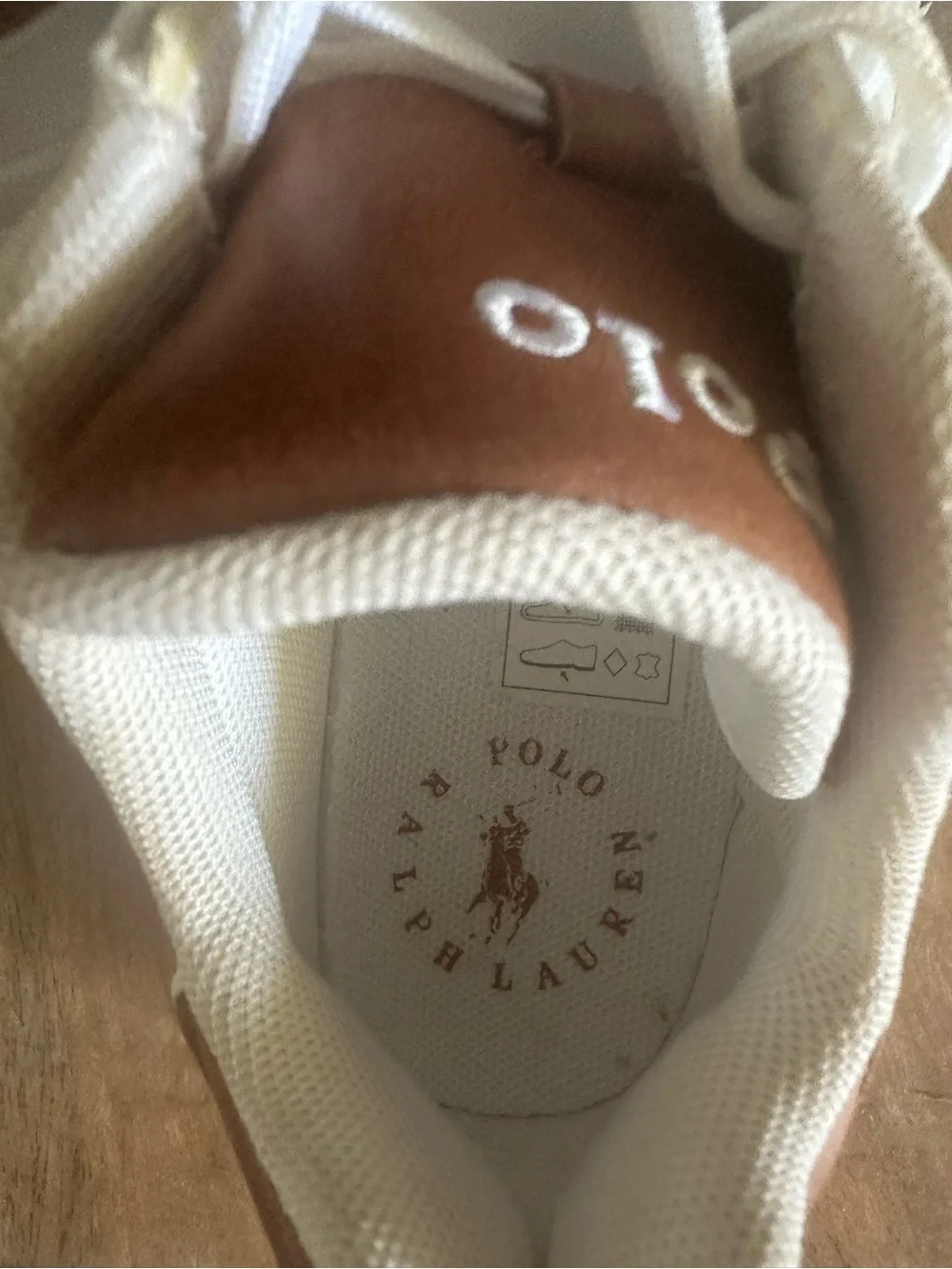 Polo Ralph Lauren Boys White Leather Sneakers Brown Logo Size 1